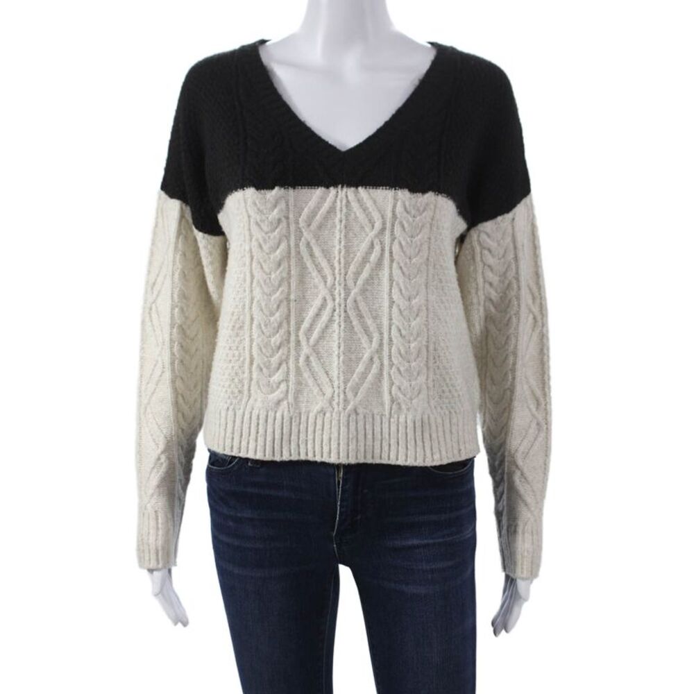 Central Park West Women V-Neck Geometric Pullover Sweater Black Size XS